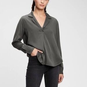 GAP Tencel Lyocell Popover Shirt Polo Long Sleeve in Gray Oversized Womens XS